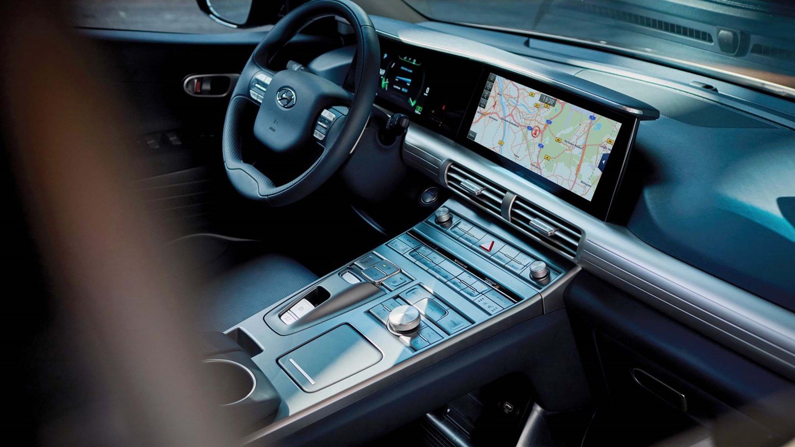 Hyundai NEXO vätgas bränslecellsbil interiör design.